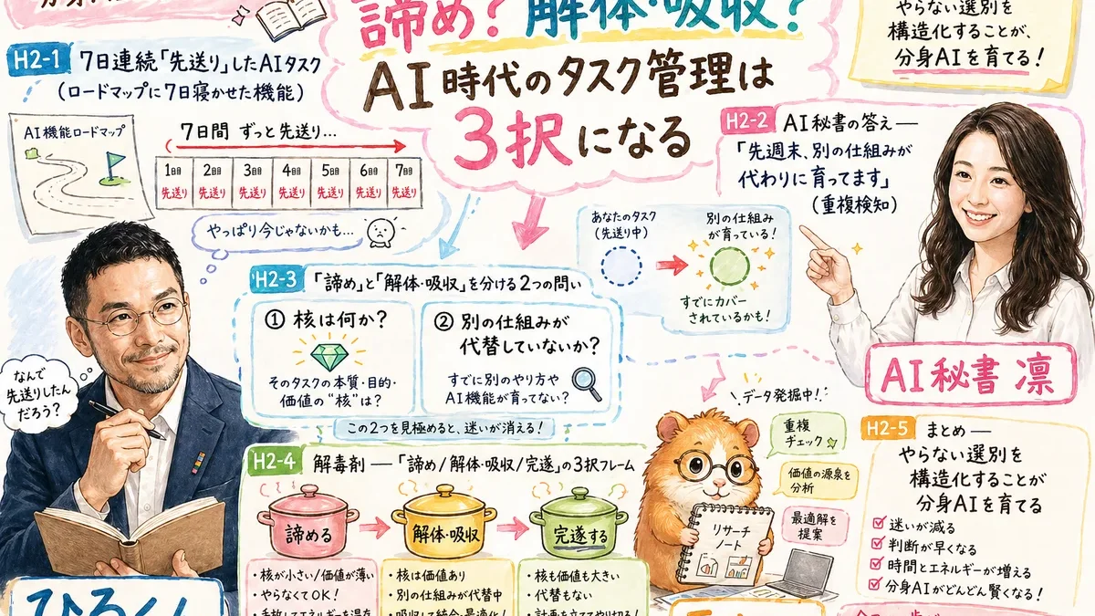 先送り7日のAIタスク、諦めじゃなく解体・吸収だった朝｜分身AI日記 DAY62 全体図
