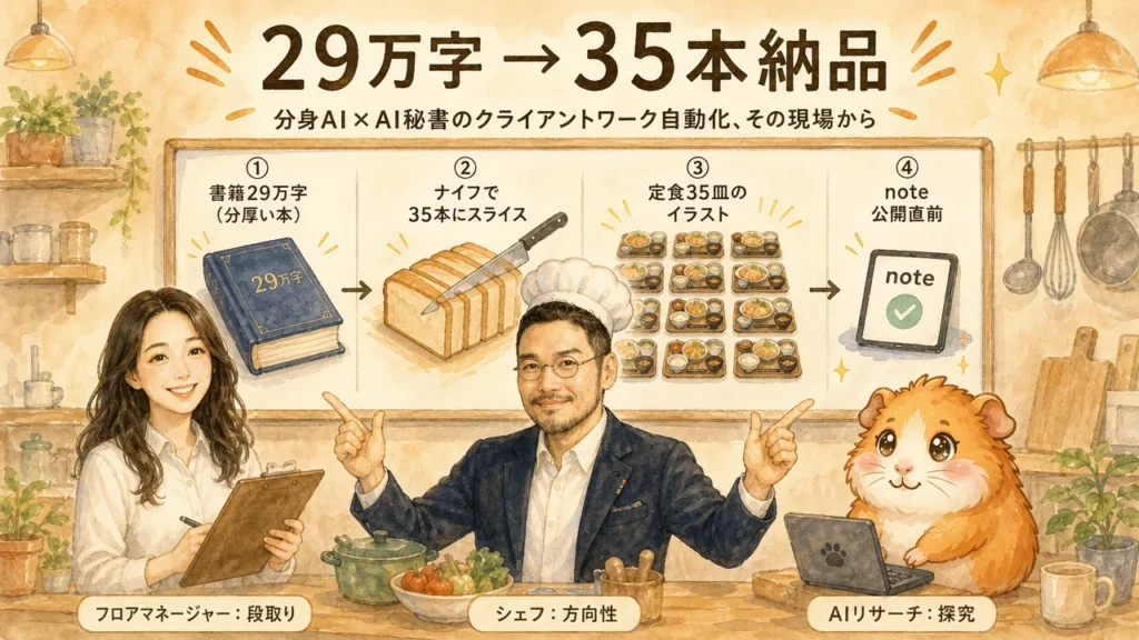 29万字の書籍を35本のnoteに変えた、分身AI×AI秘書のクライアントワーク自動化