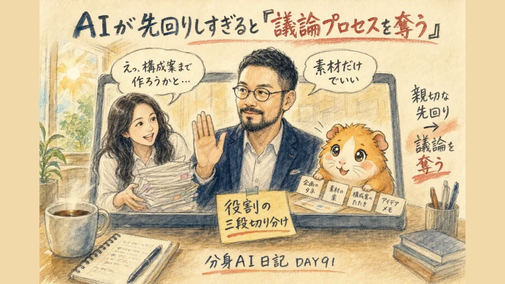 AIが先回りしすぎると『議論プロセスを奪う』｜分身AI日記 DAY91 アイキャッチ