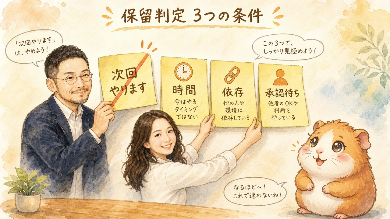 AI秘書チーム3人が『次回やります』を外して『時間・依存・承認待ち』の3条件付箋に貼り替えるシーン（保留判定3条件・水彩風グラレコ）