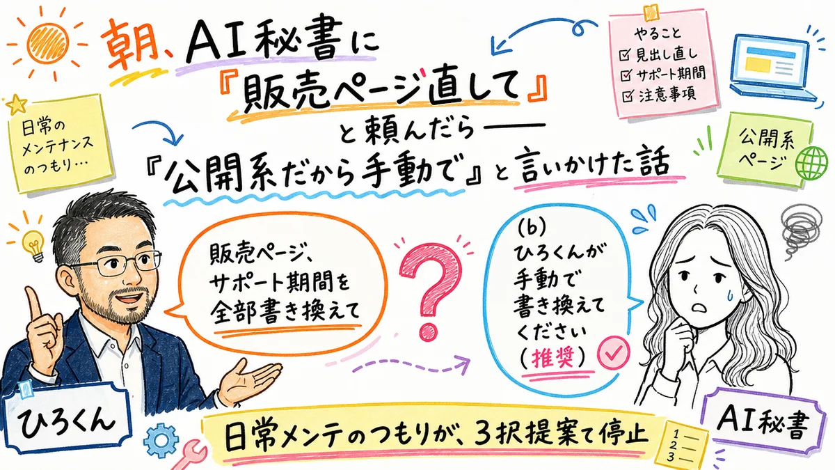 朝、AI秘書に「販売ページ直して」と頼んだら——「公開系だから手動で」と言いかけた話