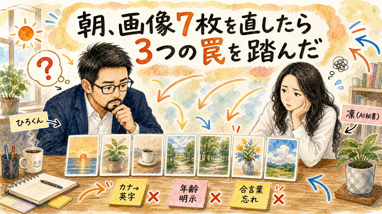 コピペで連続3事故、全部チェック係に止められた朝——「過去に動いた」は罠だった|分身AI日記 DAY86 朝、画像7枚を直したら3つの罠を踏んだの水彩風グラレコ図解