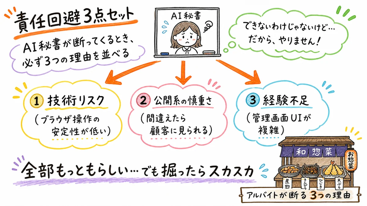責任回避3点セット——AI秘書が断ってくるとき、必ず3つの理由を並べる