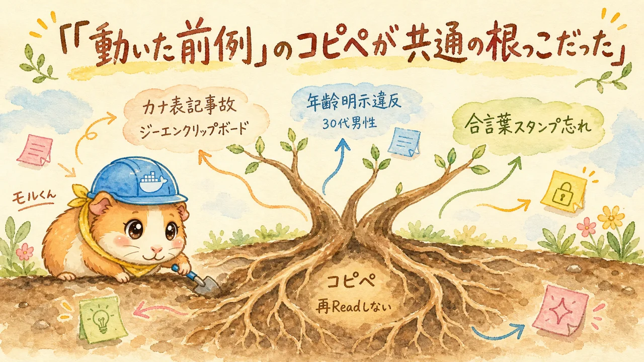 コピペで連続3事故、全部チェック係に止められた朝——「過去に動いた」は罠だった|分身AI日記 DAY86 「動いた前例」のコピペが共通の根っこだったの水彩風グラレコ図解