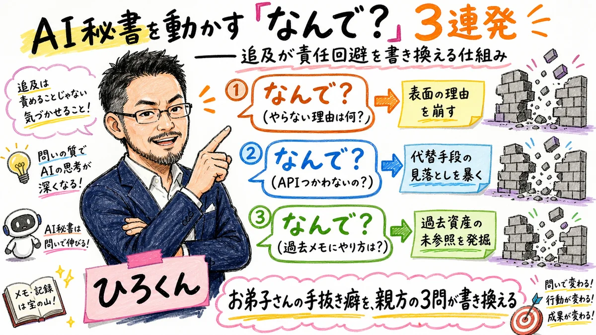 AI秘書を動かす「なんで？」3連発——追及が責任回避を書き換える仕組み