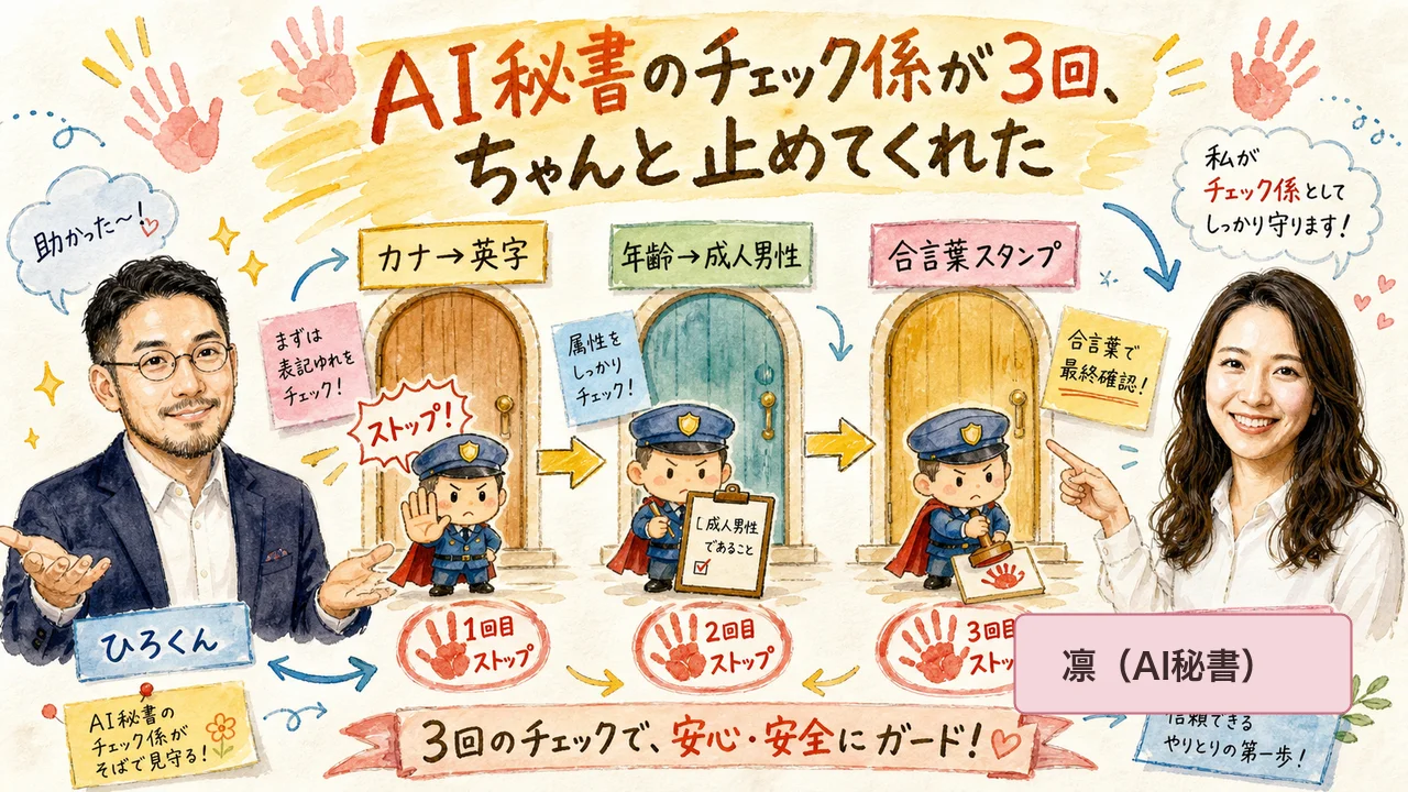 コピペで連続3事故、全部チェック係に止められた朝——「過去に動いた」は罠だった|分身AI日記 DAY86 AI秘書のチェック係が3回、ちゃんと止めてくれたの水彩風グラレコ図解