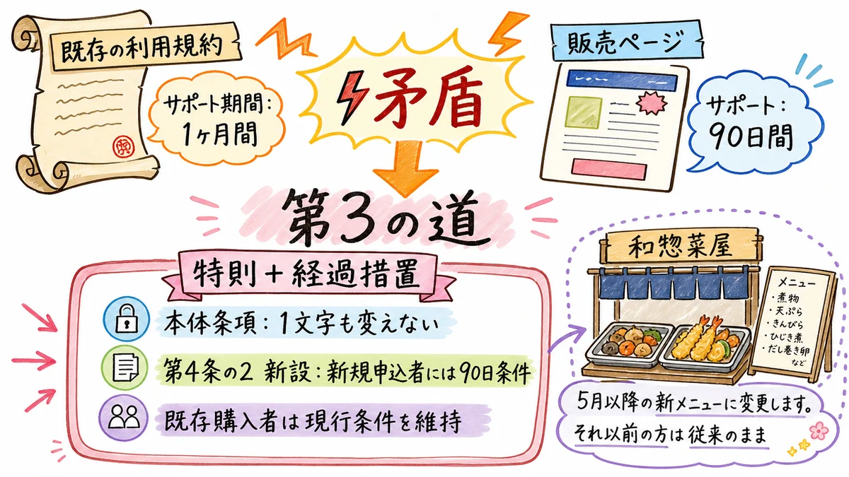 矛盾する指示から第3の道を作る——既存条項を変えずに新条件を入れる「特則」パターン