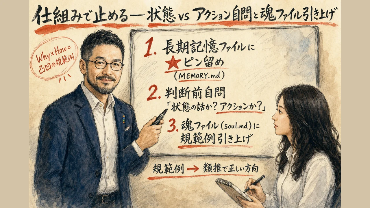 仕組みで止める——「状態 vs アクション」自問とAI秘書の魂ファイル引き上げ