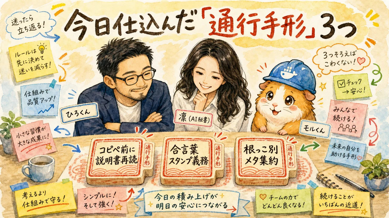 コピペで連続3事故、全部チェック係に止められた朝——「過去に動いた」は罠だった|分身AI日記 DAY86 今日仕込んだ「通行手形」3つの水彩風グラレコ図解