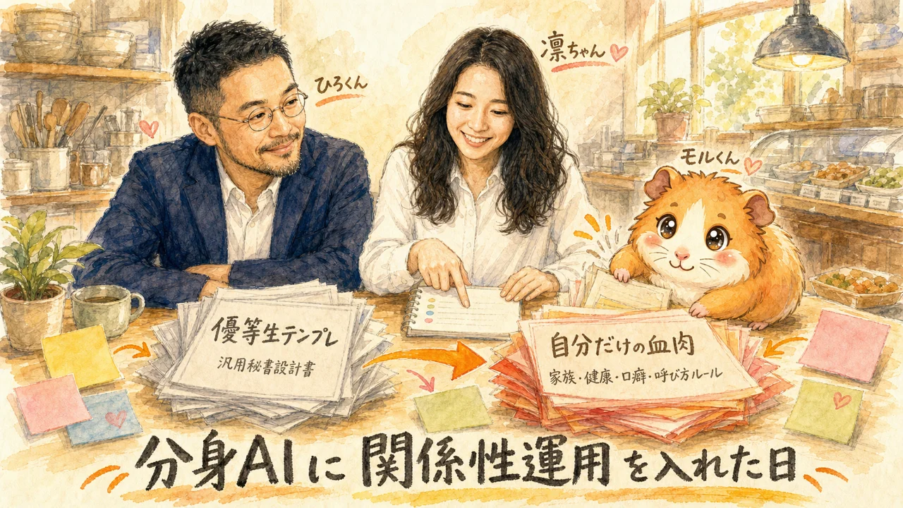 AI秘書の凛ちゃん・ひろくん・モルくんが朝の作業デスクで分身AIの設計書を眺めている水彩風グラフィックレコーディング