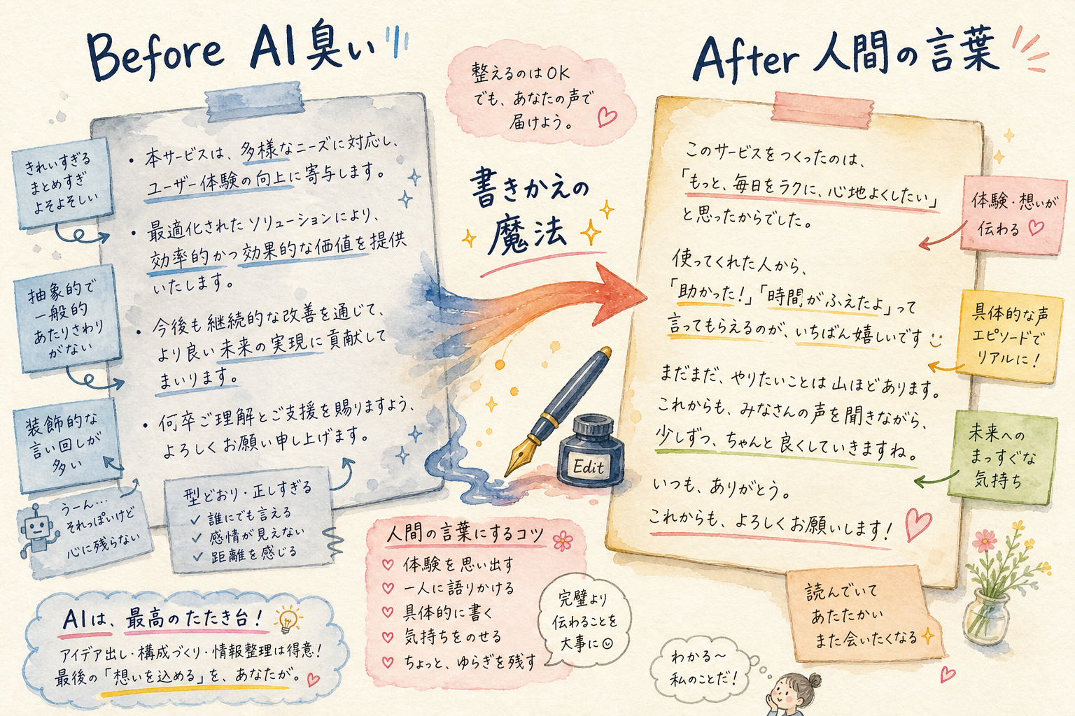 あなたの分身AIがAI臭い文章を書く理由と、人間の言葉に戻す方法 Before/Afterで実際に直してみる