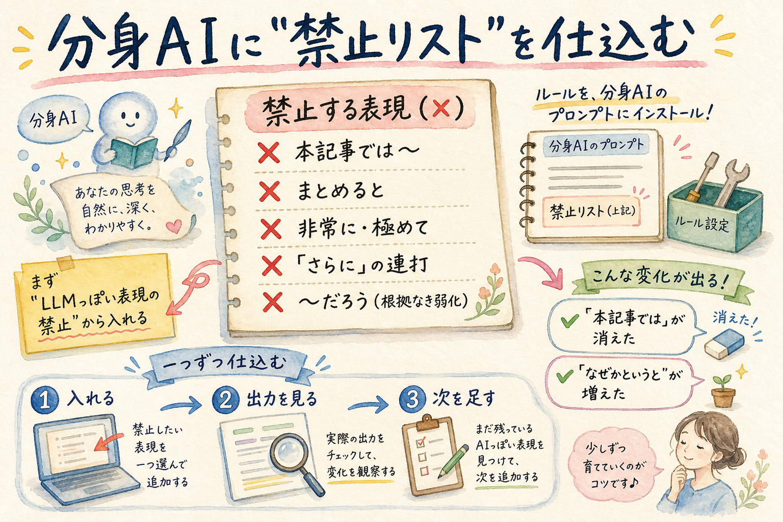 あなたの分身AIがAI臭い文章を書く理由と、人間の言葉に戻す方法 実際の仕込み方:プロンプトに禁止リストを入れる
