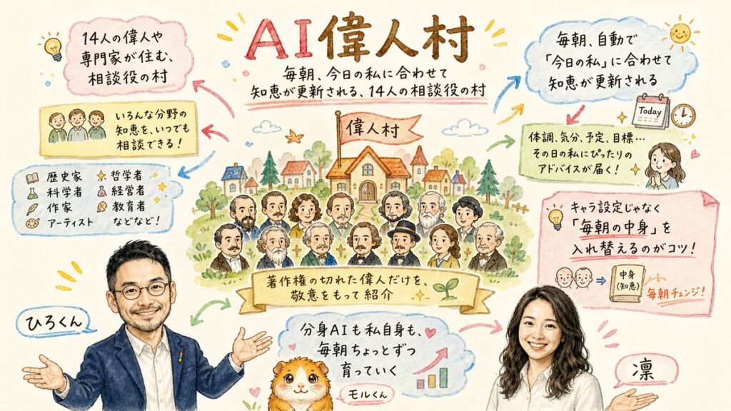 AI偉人村 ― 毎朝今日の私に合わせて知恵が更新される14人の相談役の村