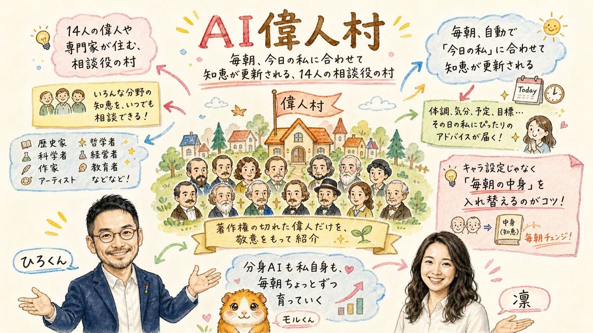 AI偉人村 ― 毎朝今日の私に合わせて知恵が更新される14人の相談役の村