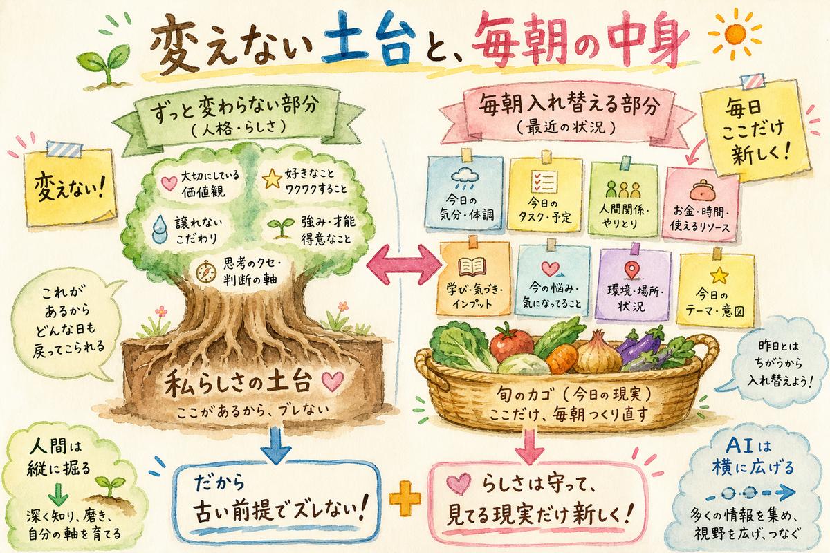 変えない人格の土台と毎朝入れ替える中身の対比図解