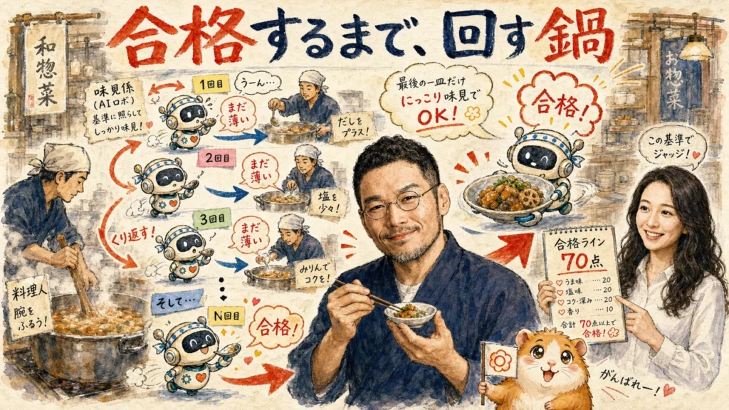 合格するまで、AIが自分で書き直す鍋（ひろくん・AI秘書の凛・モルくん）