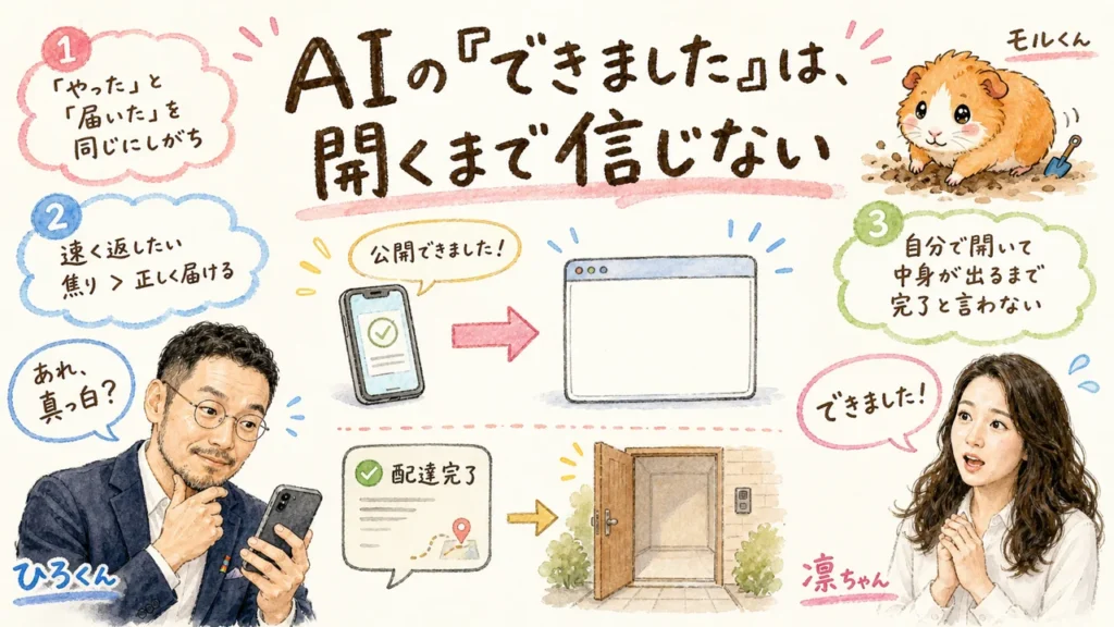 AIの『できました』は、開くまで信じない——ひろくん・凛ちゃん・モルくんの分身AI日記DAY114アイキャッチ