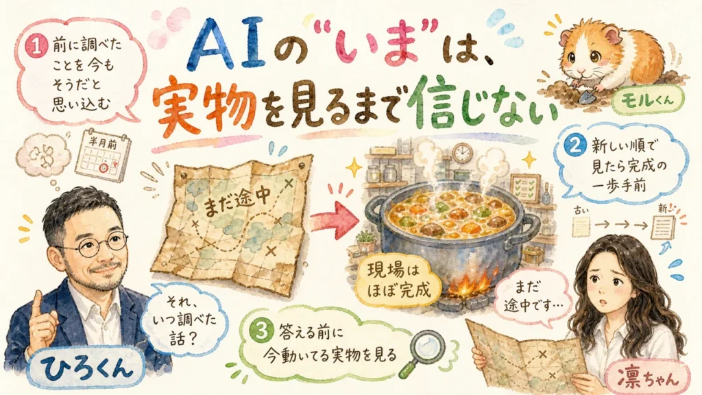 AIの“いま”は実物を見るまで信じない——ひろくん・凛ちゃん・モルくんの分身AI日記DAY115アイキャッチ