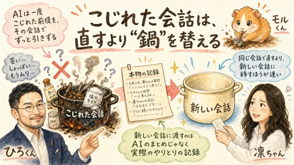 こじれた会話は、直すより“鍋”を替える——ひろくん・凛ちゃん・モルくんの分身AI日記DAY116アイキャッチ