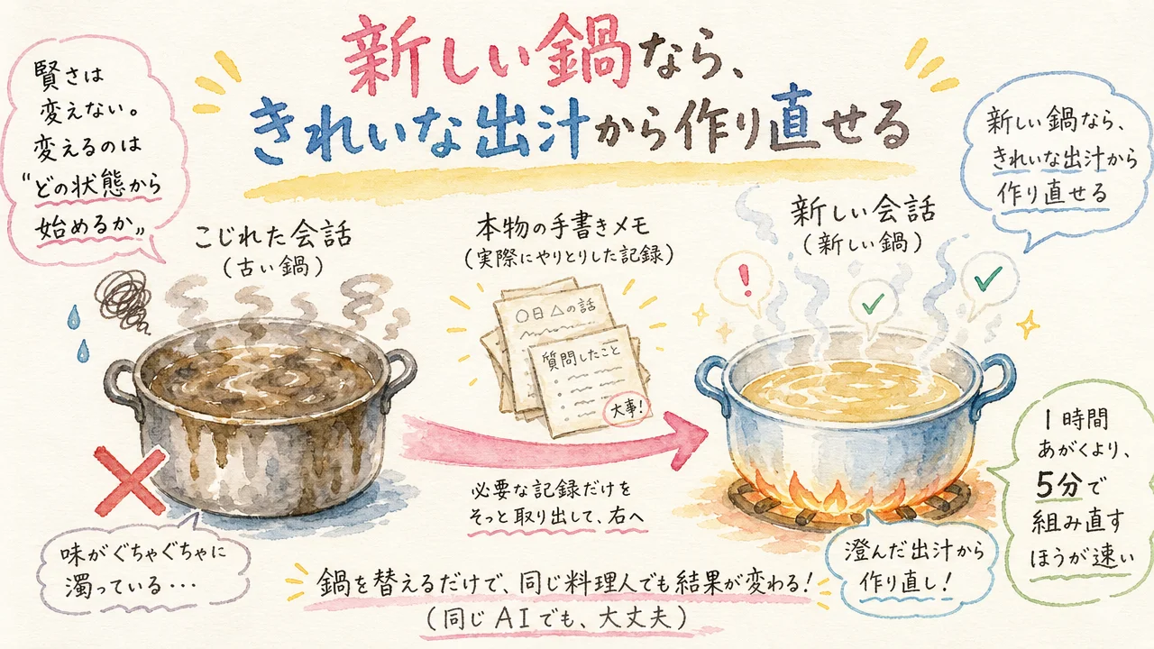 新しい鍋なら、きれいな出汁から作り直せる——新しい会話に本物の記録を渡す