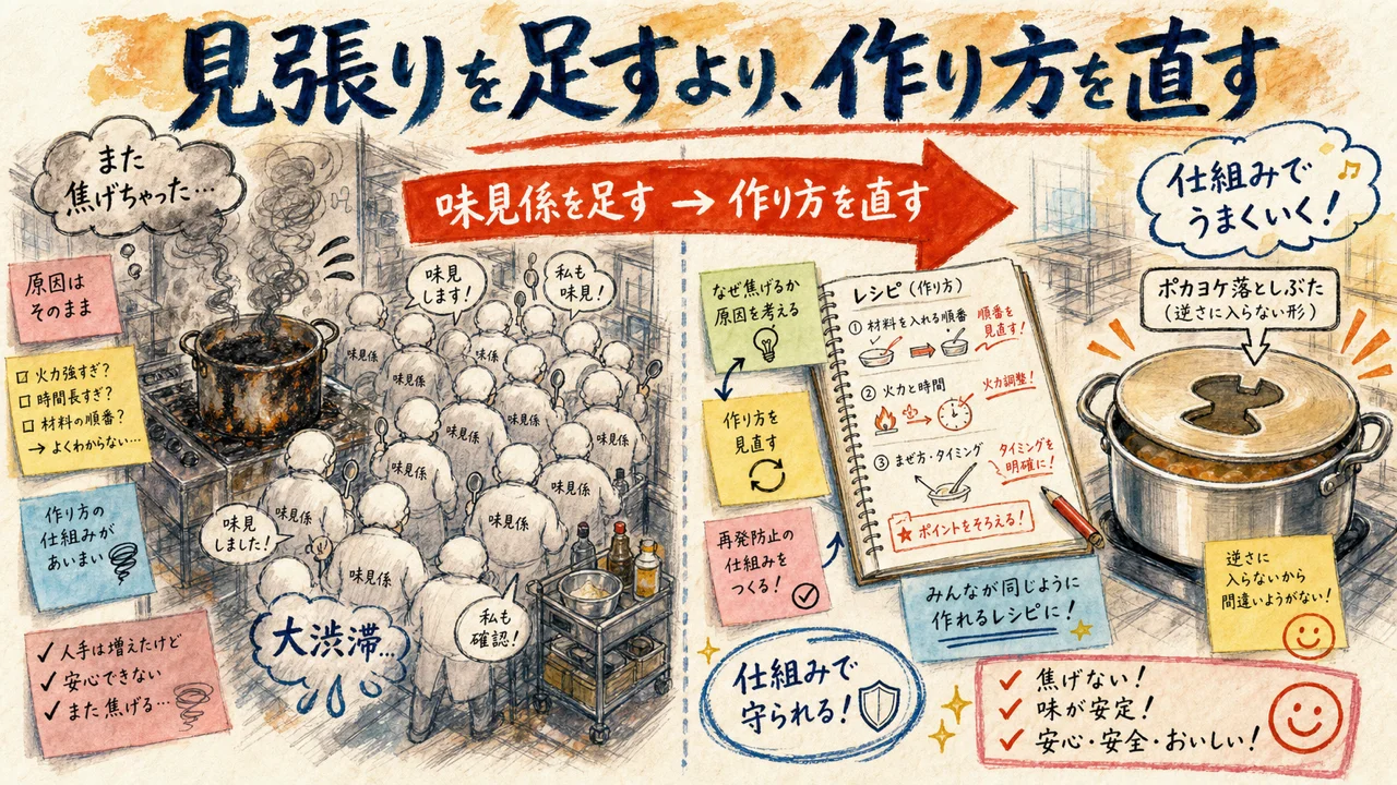 見張りを足すより、作り方を直す（ポカヨケ＝そもそも間違えない仕組み）