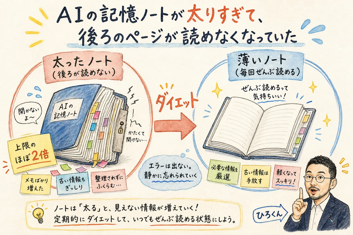 AIの記憶ノートが上限のほぼ2倍に太り後ろのページが読めなくなっていた状態と、薄くして全ページ読めるようにした対比の手描き図解