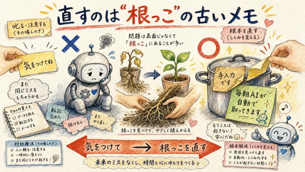 直すのは“根っこ”の古いメモ——気をつけてではなく、元を書き換える