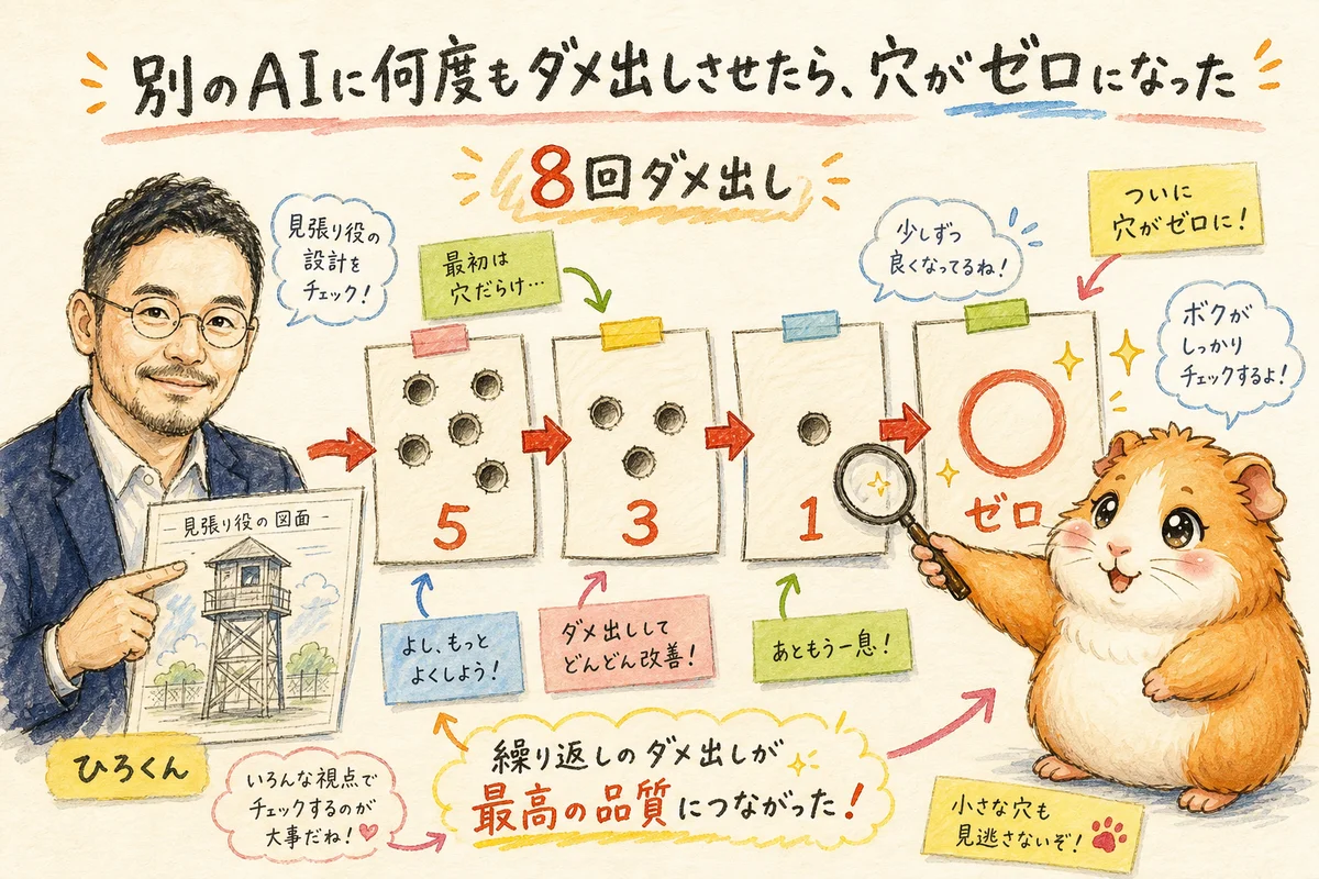 別のAIに何度もダメ出しさせ、穴が5・3・1・ゼロと減っていく様子の手描き図解