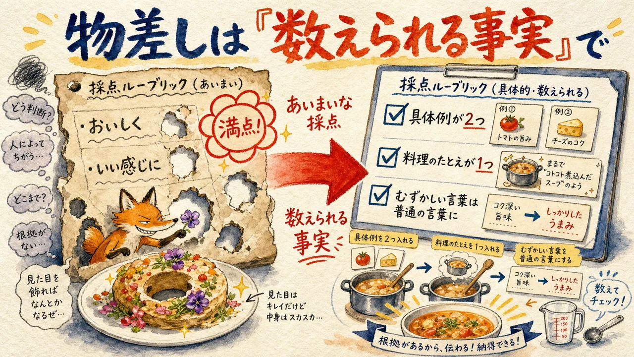 物差しは「数えられる事実」で書く（あいまいな採点はAIにすり抜けられる）