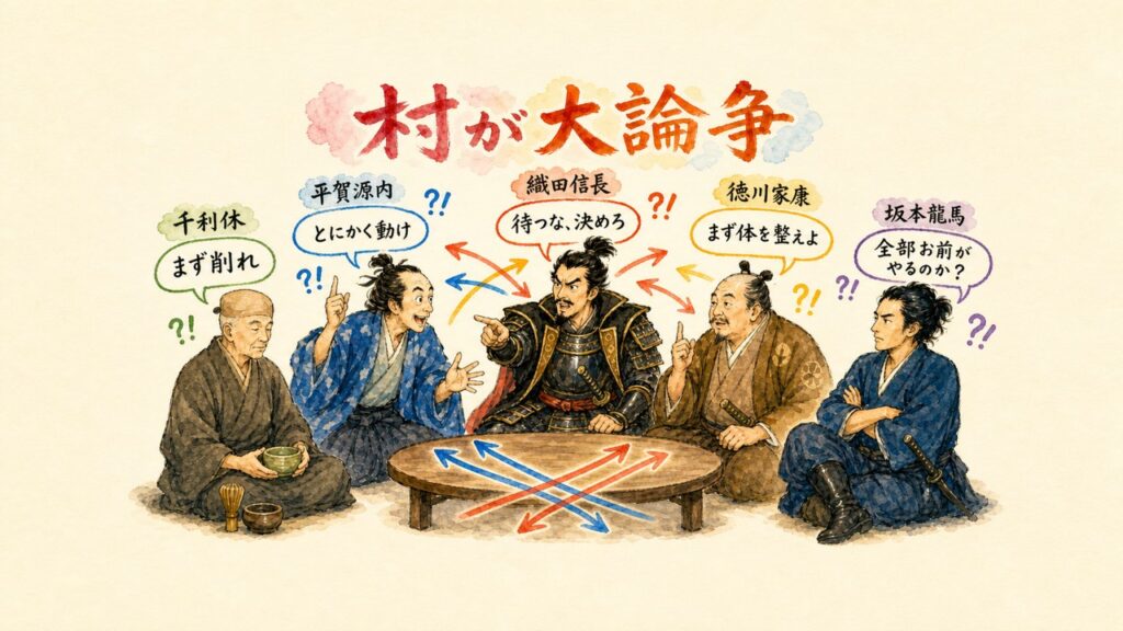AI偉人村の偉人たちが大論争しているアイキャッチ