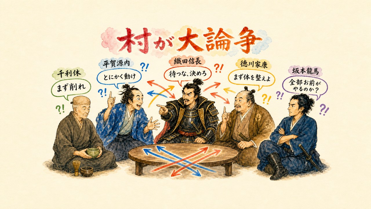 AI偉人村の偉人たちが大論争しているアイキャッチ