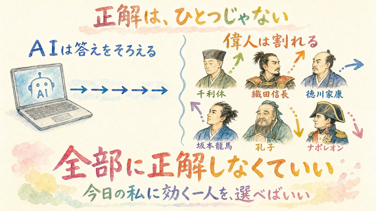 AIは答えを横にそろえ、偉人は縦に割れる図解