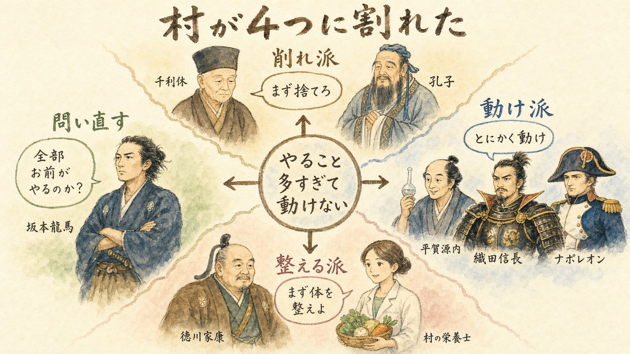 村が4つに割れた相談の図解（削れ派・動け派・整える派・問い直す）