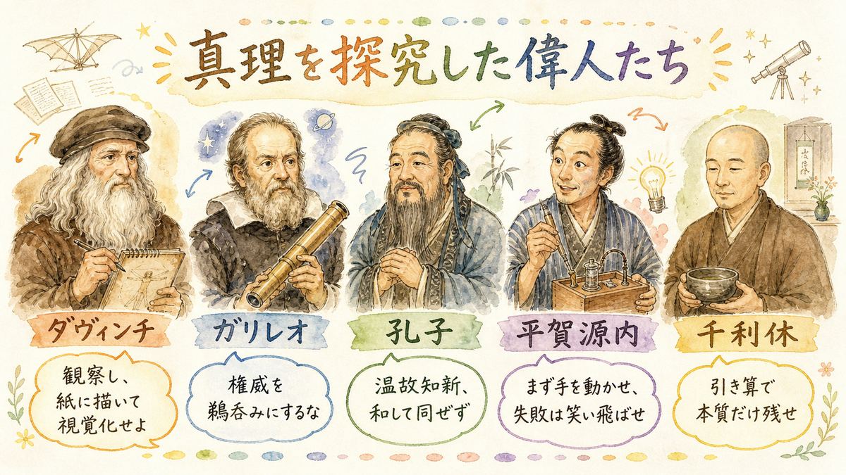 真理を探究した偉人たち（ダヴィンチ・ガリレオ・孔子・平賀源内・千利休）の図解