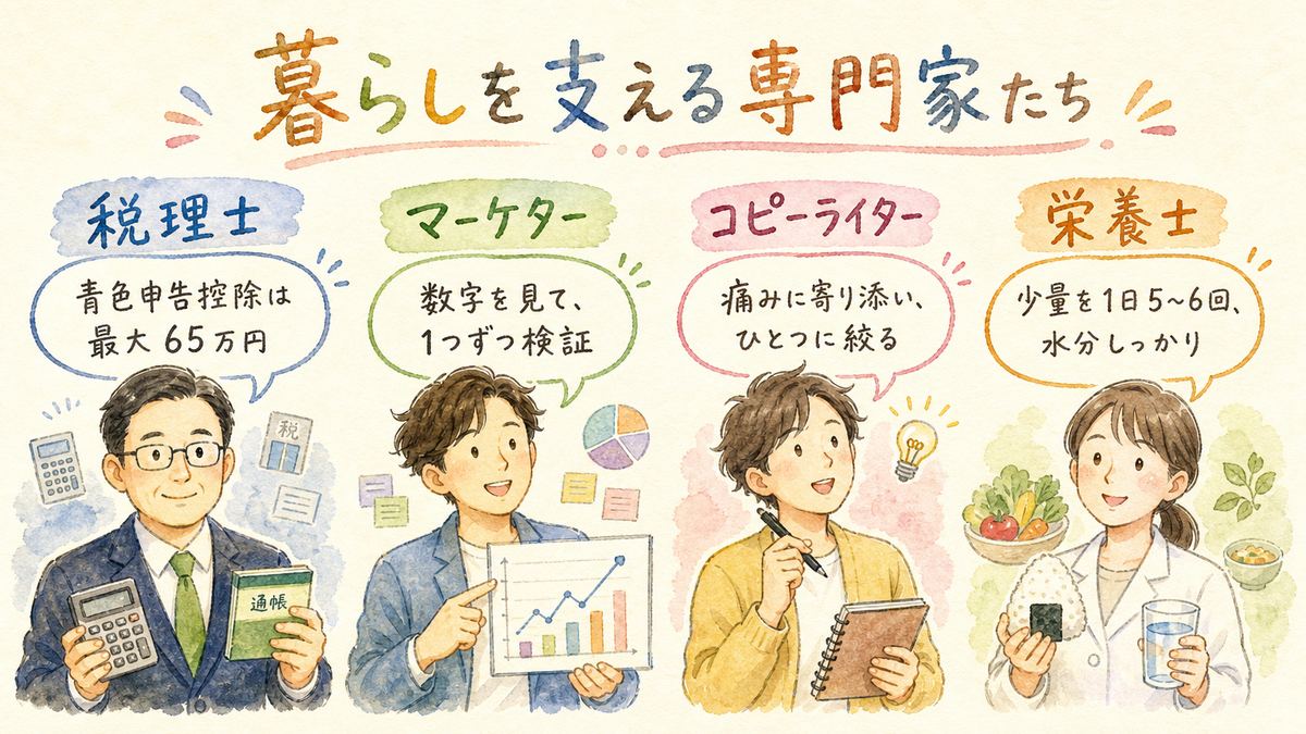 暮らしとお金を支える専門家たち（税理士・マーケター・コピーライター・栄養士）の図解
