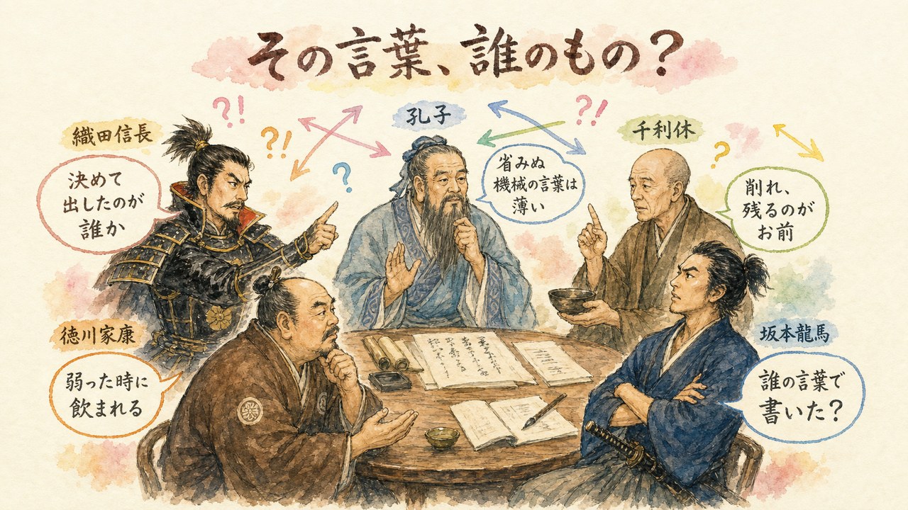 AI偉人村の偉人たちが「AIの言葉と人間の言葉は違うのか」で大論争しているアイキャッチ