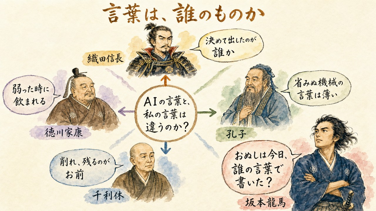 AIの言葉と私の言葉は違うのか、4人の偉人の論争と龍馬の問い返しの図解