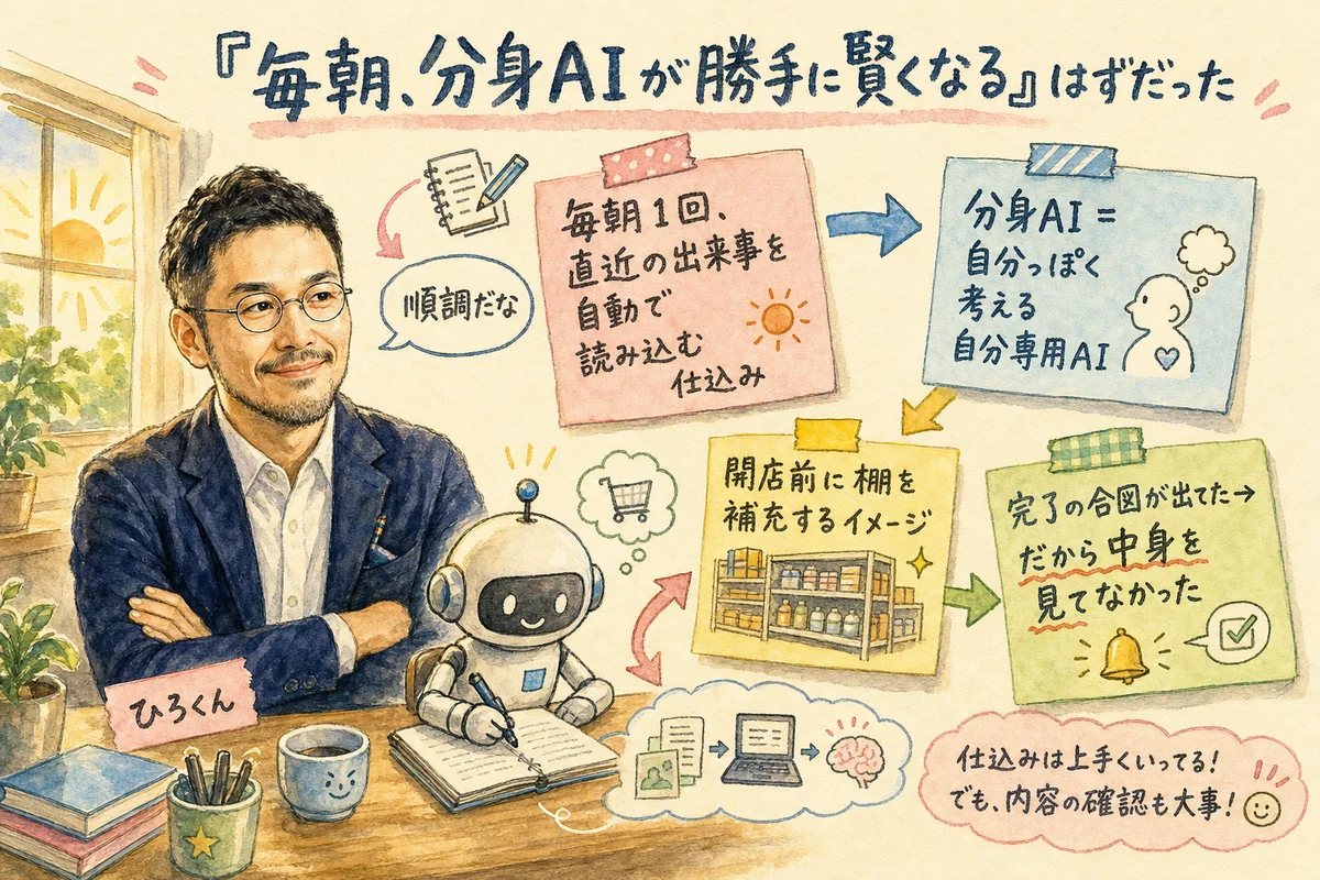 毎朝分身AIが自動更新されるはずだった仕組みのグラレコ。朝日の中でノートを更新するAIを見守るひろくん