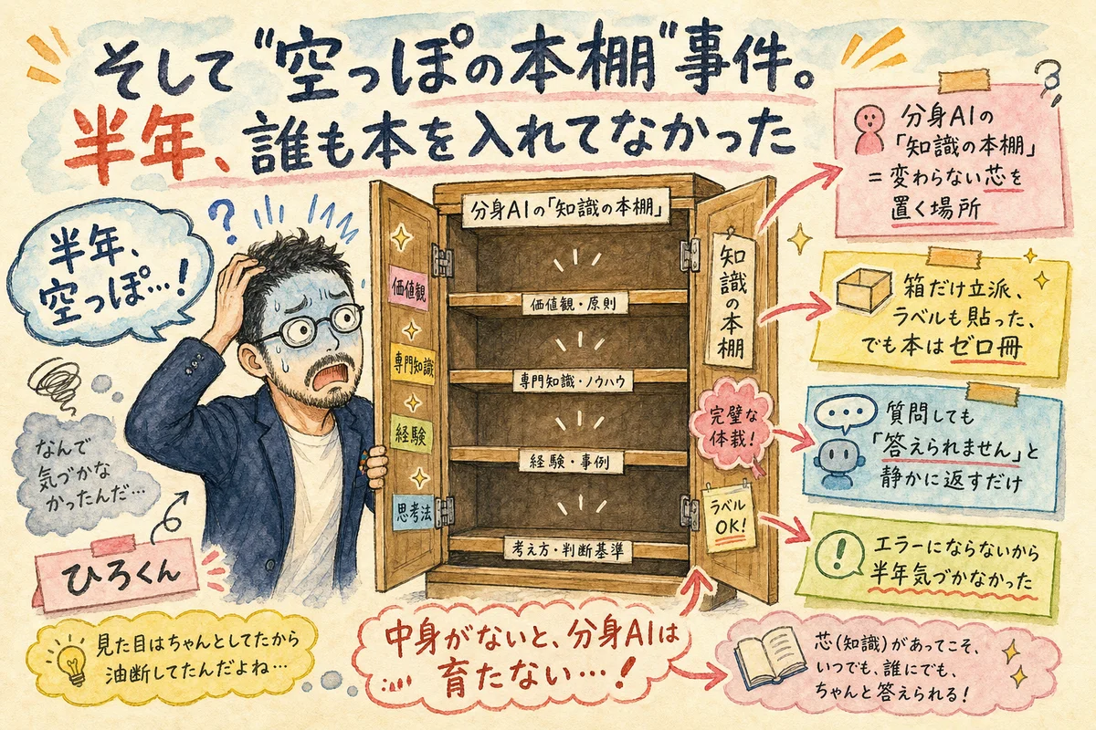 分身AIの知識の本棚が空っぽだった事件のグラレコ。一冊も本のない棚の前で頭を抱えるひろくん