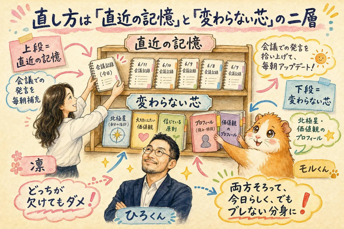 分身AIを直近の記憶と変わらない芯の二層で育てる図解のグラレコ。二段の棚に本を補充するひろくんと凛ちゃんとモルくん