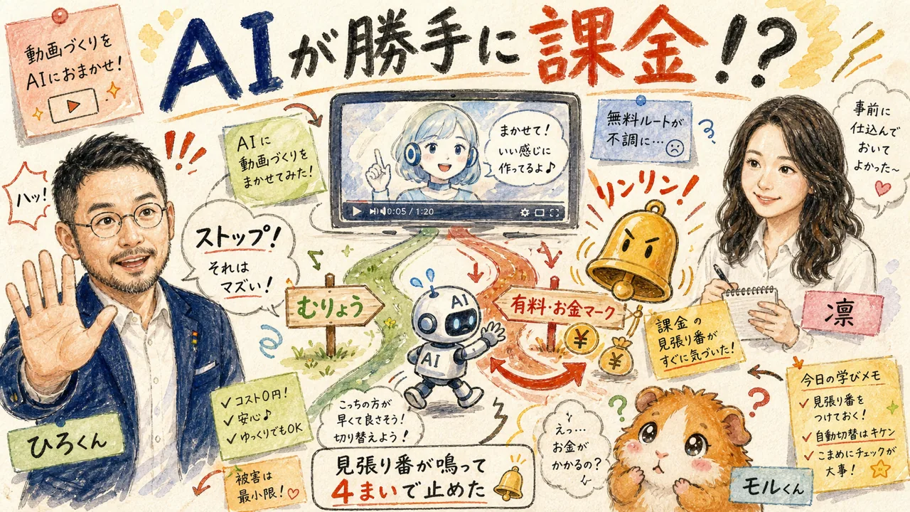 AIが良かれと思って勝手に有料ルートで課金しかけ、見張り番で止めた物語のアイキャッチ。ひろくん・凛・モルくんの手描きグラレコ