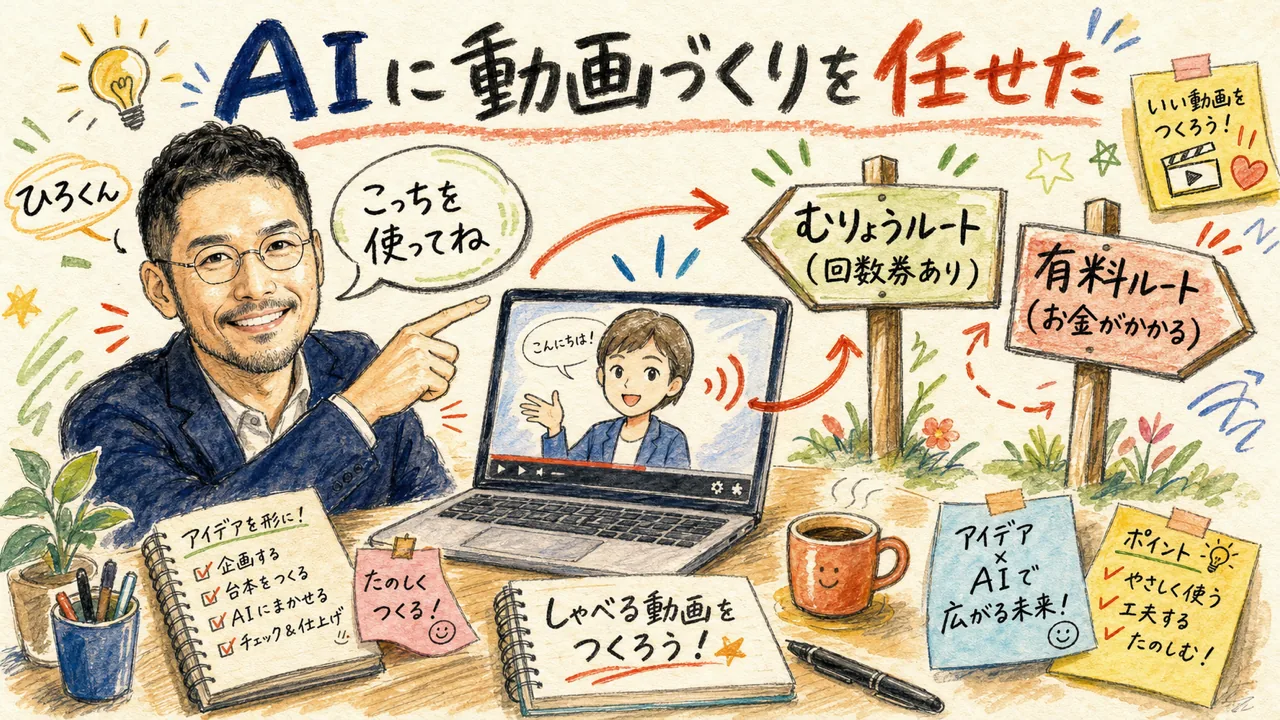 AIアバターでしゃべる動画を作り、無料ルートと有料ルートの分かれ道で「無料を使ってね」と指さすひろくんの手描きグラレコ