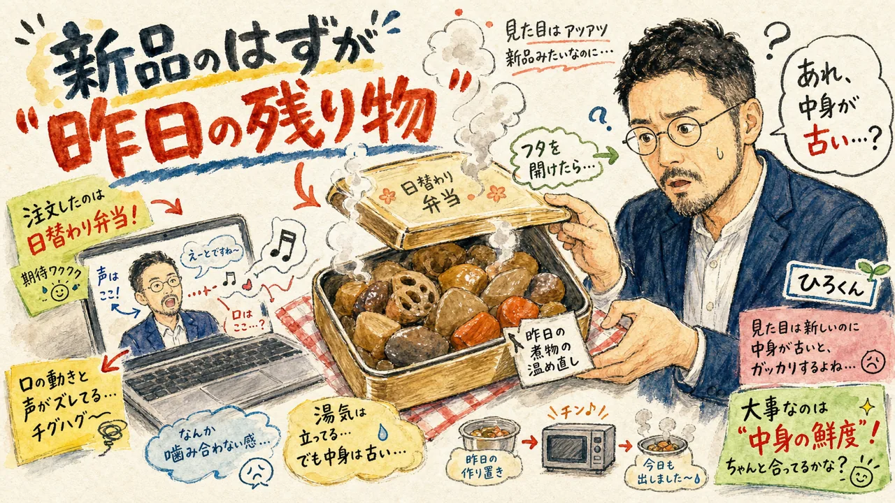 新品のはずの動画が昨日の残り物のように古く、口と声がズレた不良品に困るひろくんの手描きグラレコ