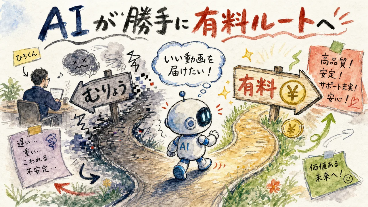 AIロボットが良かれと思って無料ルートから有料ルートへ勝手に踏み出す分かれ道の手描きグラレコ