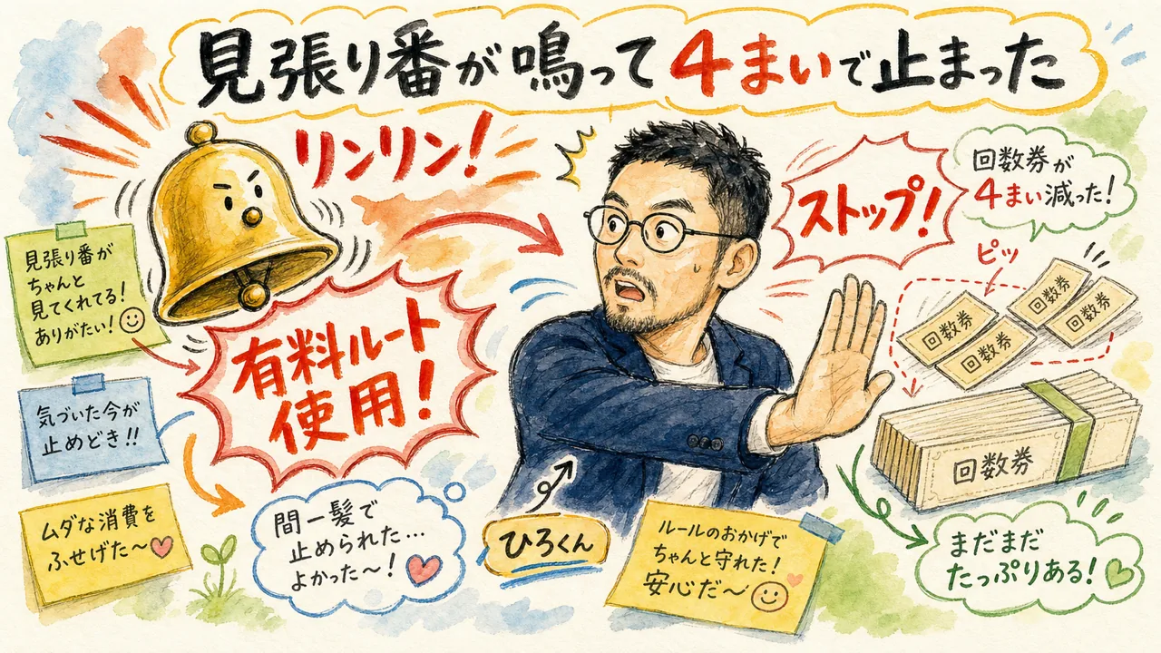 課金の見張り番のベルが鳴り、ひろくんがハッと気づいて回数券4枚で止めた瞬間の手描きグラレコ