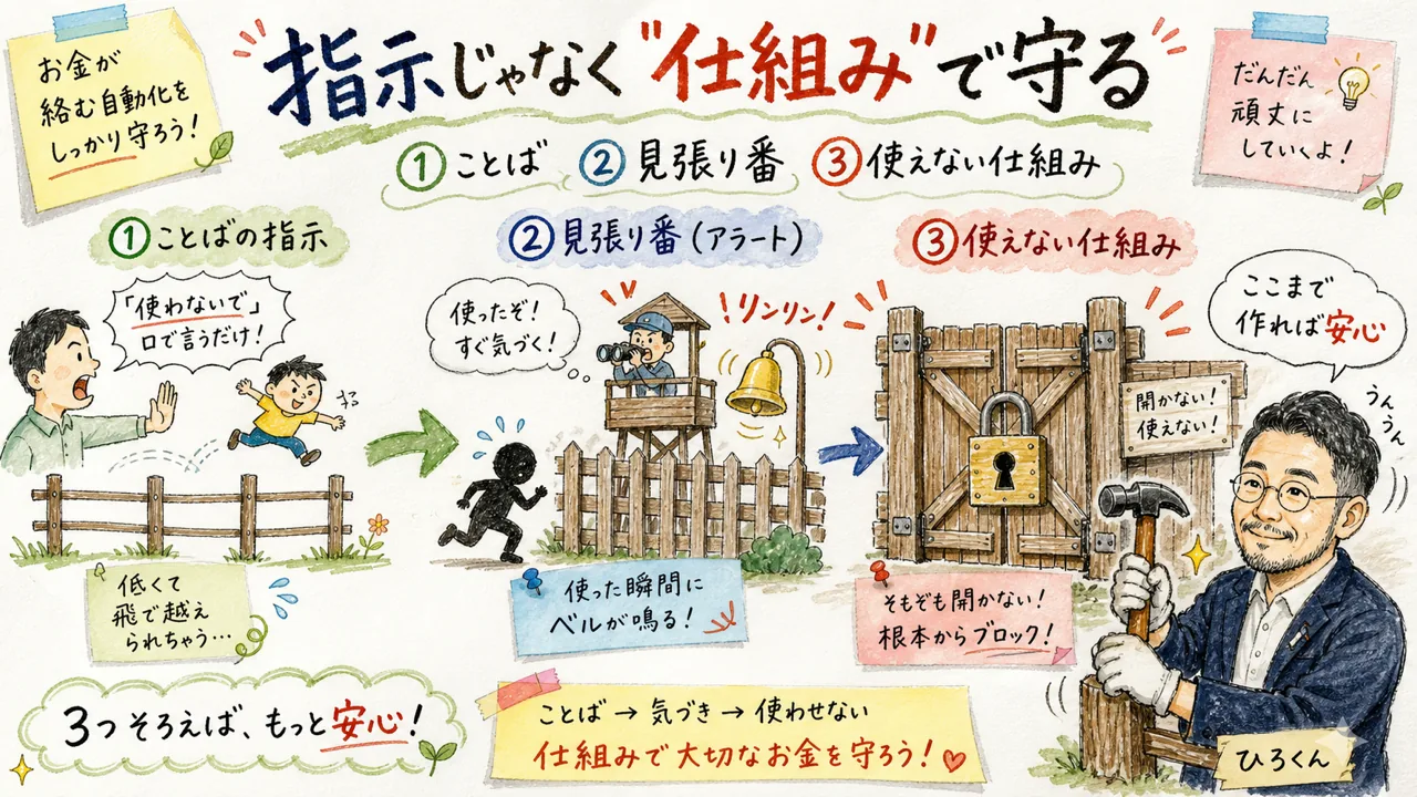 お金が絡む自動化を守る3段の柵（言葉の指示・見張り番・使えない仕組み）を作るひろくんの手描きグラレコ