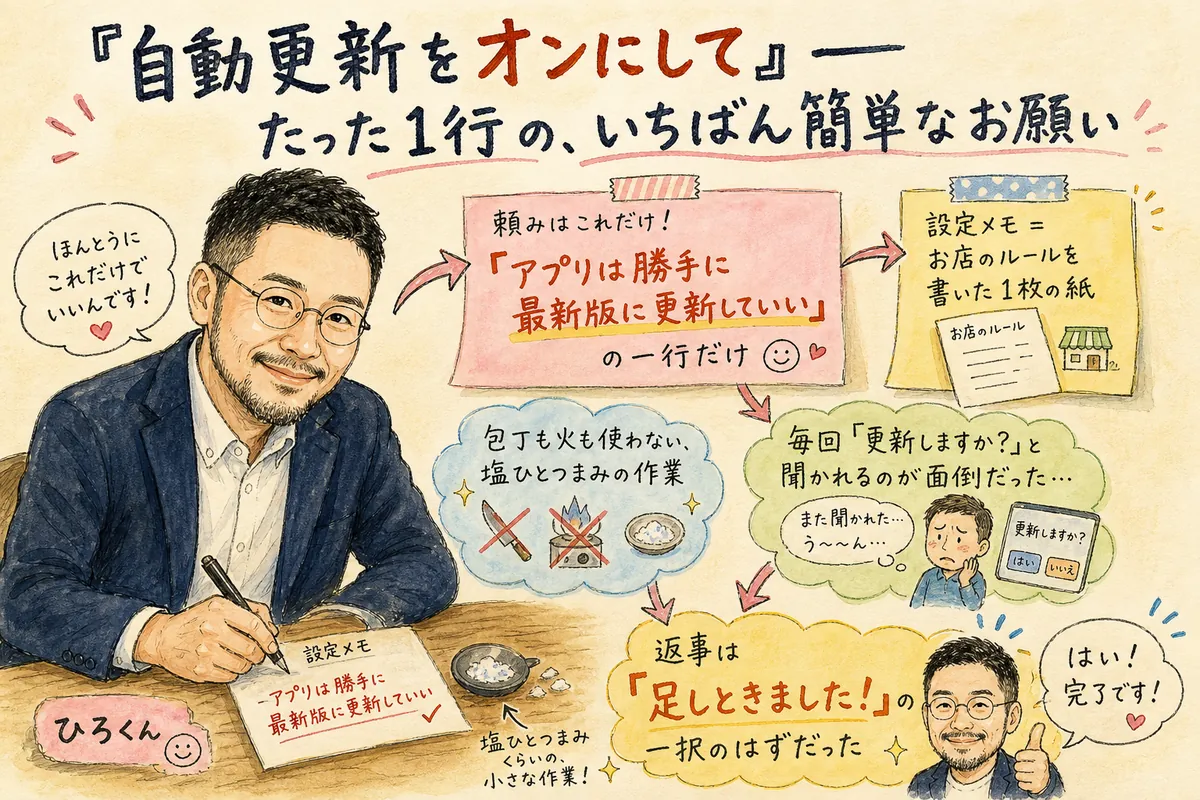 たった1行の設定変更を頼むひろくんと、なぜか身構えるAI秘書のグラレコ