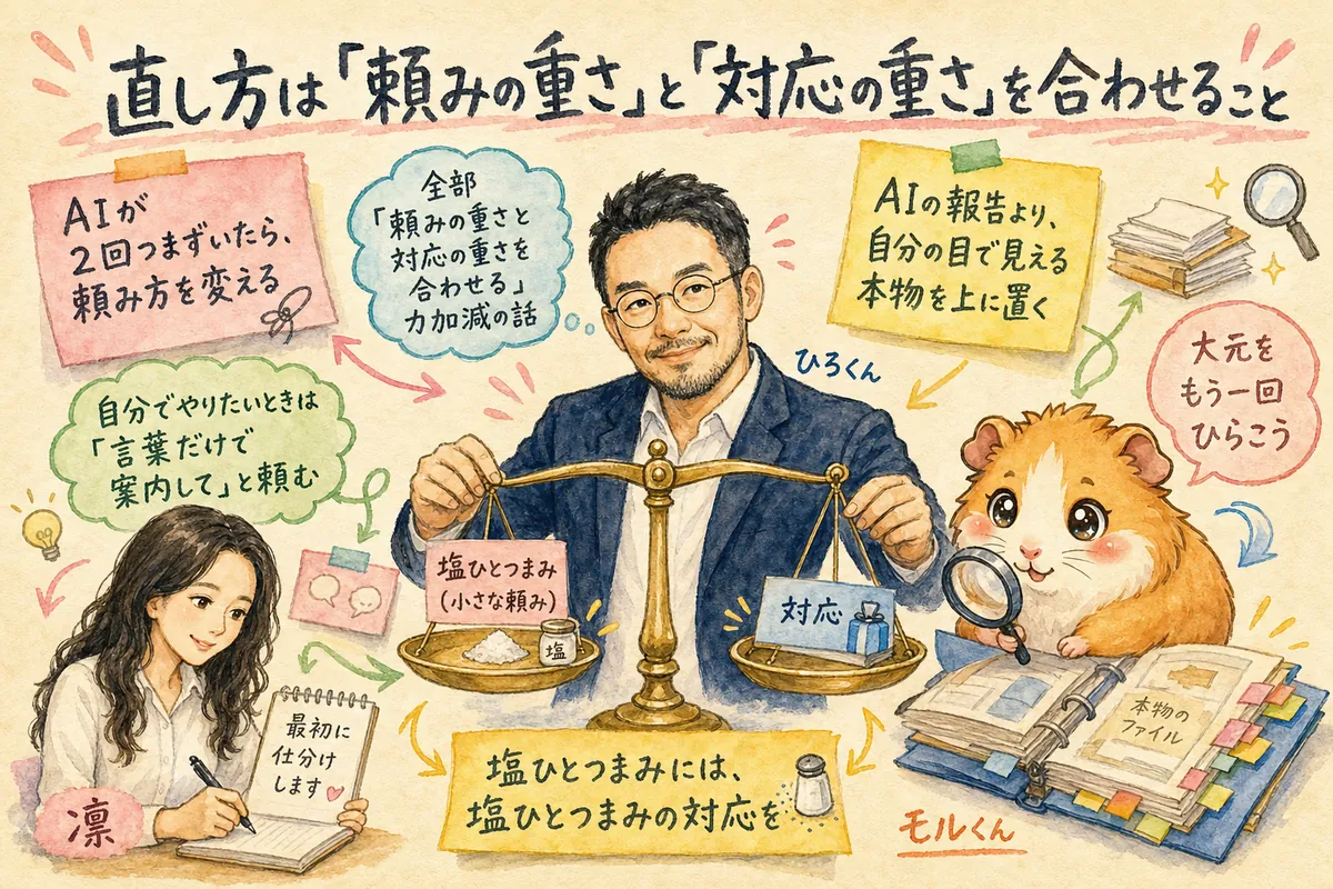 頼みの重さと対応の重さを天秤で合わせる図解のグラレコ。ひろくんと凛ちゃんとモルくんが並ぶ