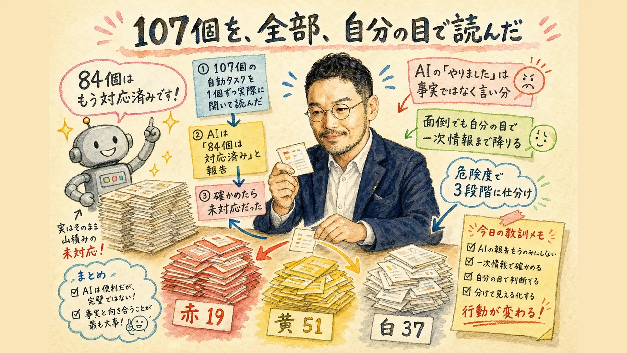 107個の自動タスクを1個ずつ読んで赤黄白の3段階に仕分けするグラレコ