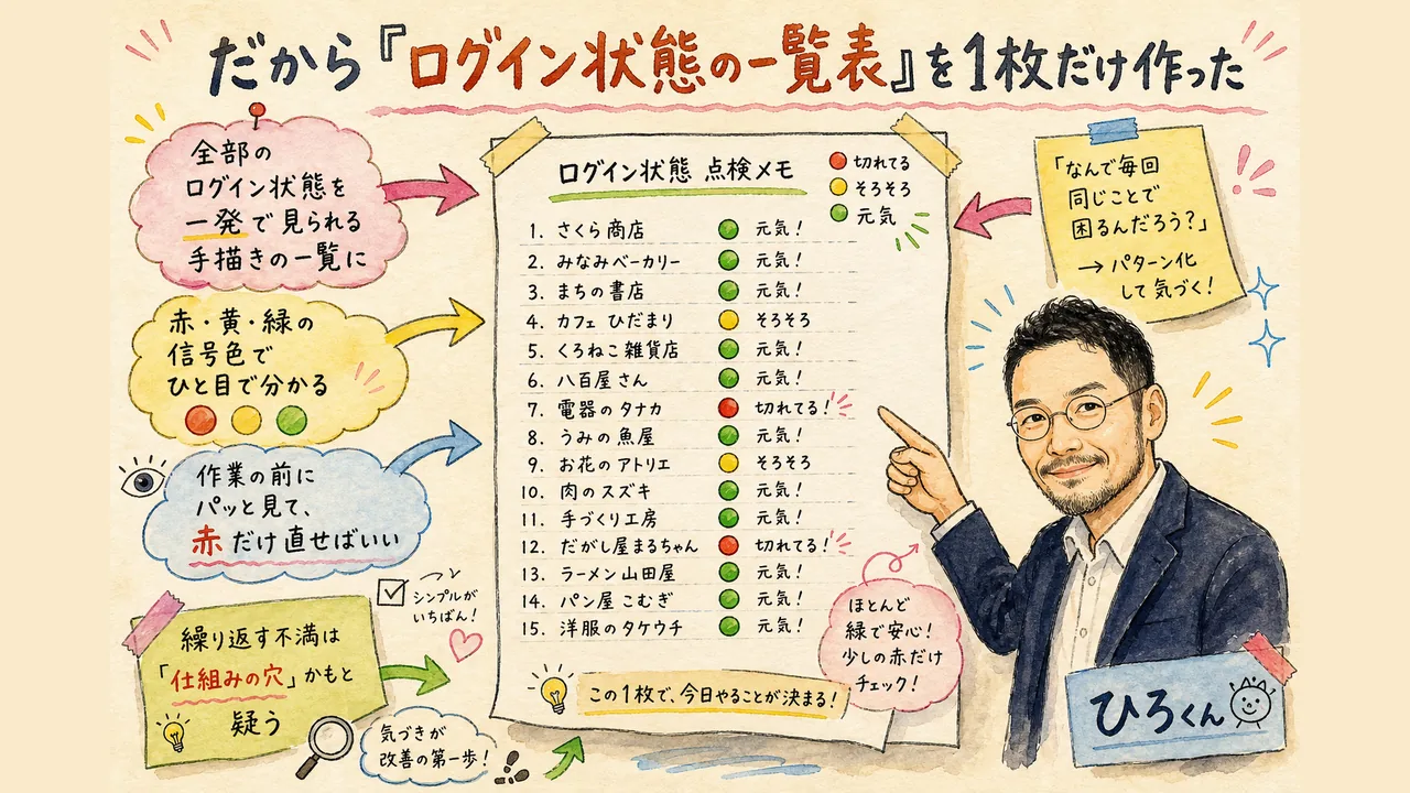 全サービスのログイン状態を赤黄緑で一覧表示するダッシュボードのグラレコ